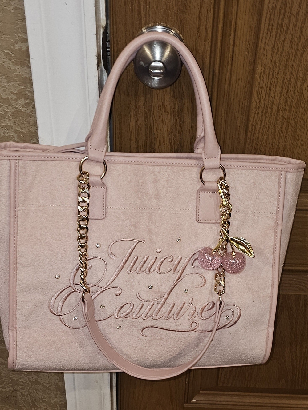 Juicy Couture Pale Pink Velvet Tote with Gold Chain & Cherry Charm - Picture 2 of 11